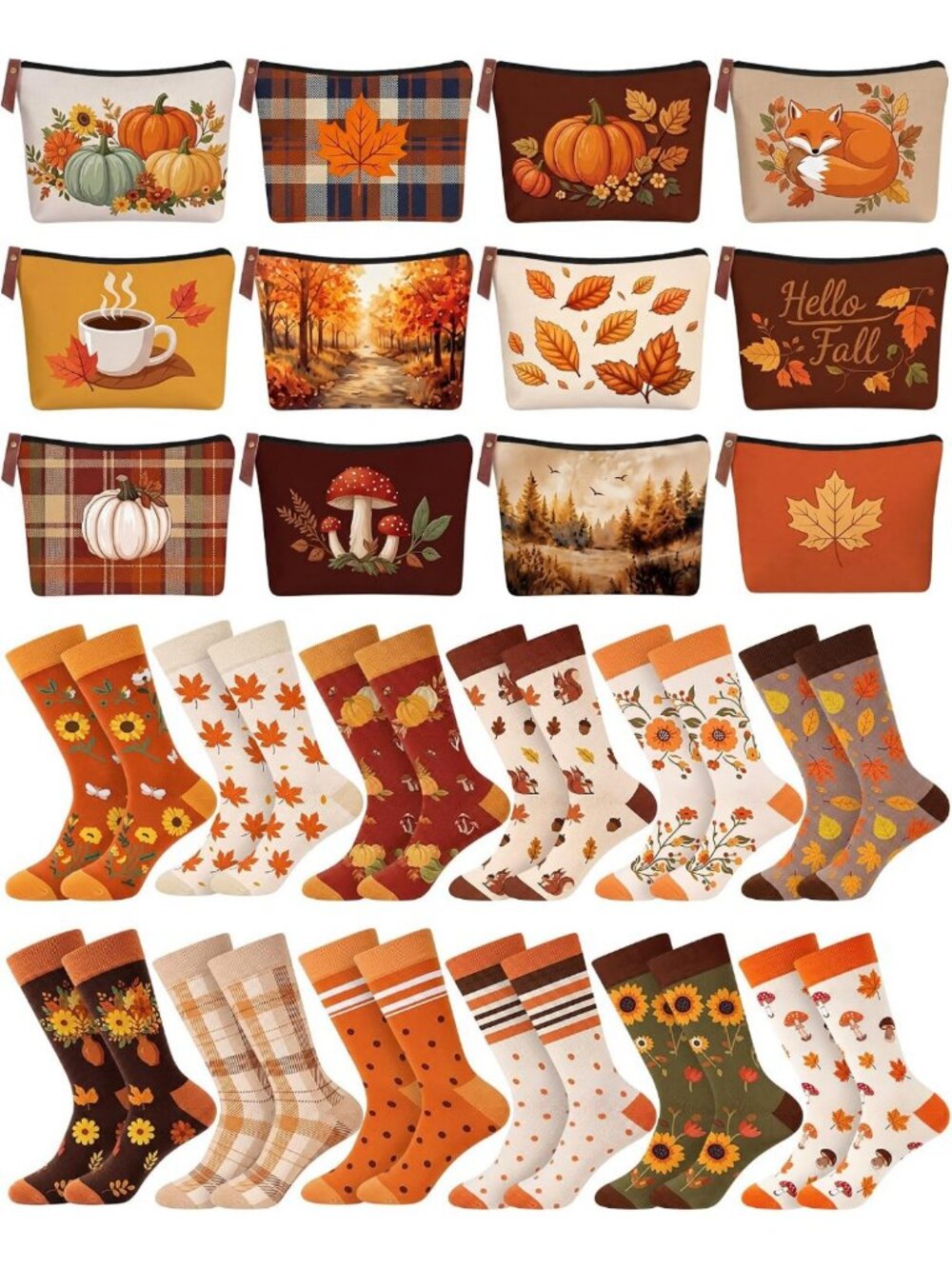 24 Pcs Fall Gift Set: Aesthetic Cotton Crew Socks & Cosmetic Bags for Autumn
